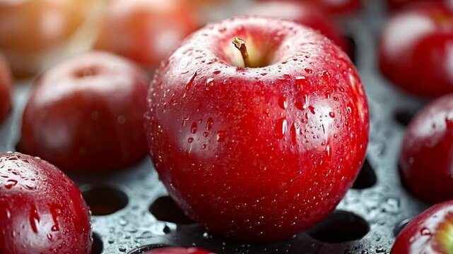 A close-up image of a vibrant red apple with water droplets