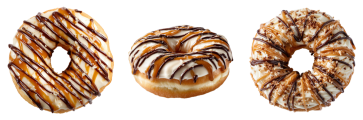 Set of vanilla cream donut with caramel and chocolate drizzle isolated on a transparent background