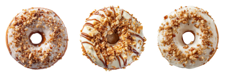 Set of Delicious frosting-covered donut with crunchy nut topping top view isolated on a transparent background