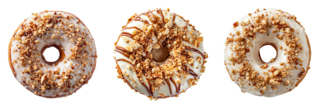 Set of Delicious frosting-covered donut with crunchy nut topping top view isolated on a transparent background