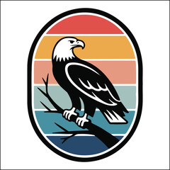 Bald eagle perched on a branch with retro sunset background