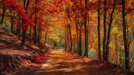 The picturesque autumn path surrounded by vibrant trees and colorful foliage.