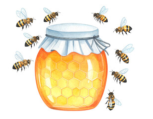 Golden honey jar with busy bees, a sweet and natural delight from the beehive 