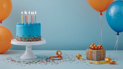 Birthday Cake with Candles, Balloons, and a Gift