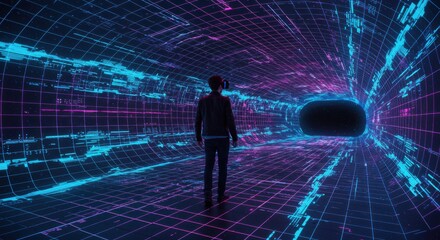 Obraz premium Navigating the Digital Labyrinth: A lone figure ventures into a mesmerizing digital tunnel, immersed in a vibrant display of luminous lines and an enigmatic void.