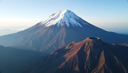 Fototapeta premium Majestic Snow-Capped Volcano A Breathtaking Aerial View of Volcanic Landscape