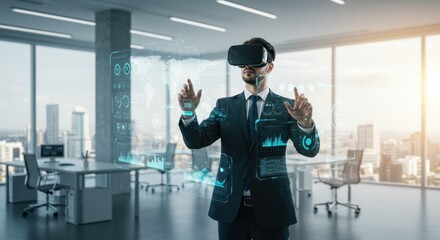 Embracing the Metaverse: A business professional engages with interactive virtual reality interfaces, symbolizing the convergence of technology and innovation within a modern office environment.