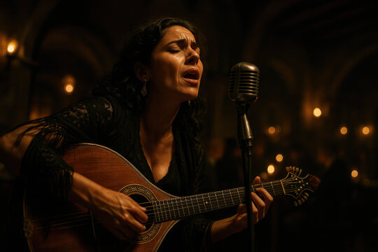 Fado Singer Performing Soulful Melodies in a Traditional Portuguese Fado House, Accompanied by the Iconic Sound of the Portuguese Guitar.	
