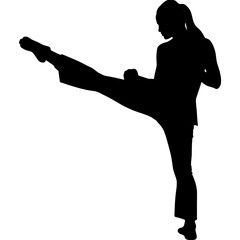Female martial artist kicking in silhouette without background  