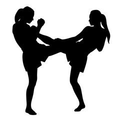 Silhouette of two women practicing martial arts in dynamic poses  