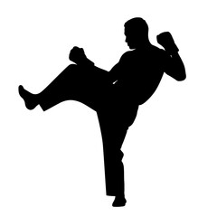 Silhouette of a man kicking and punching in a fighting stance without background  