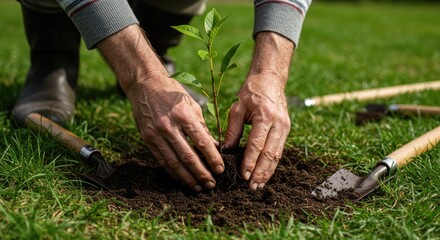 Person planting young tree in garden