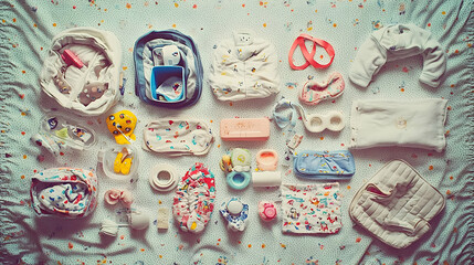 Baby items spread out on a light blue patterned bed.  Various baby clothes, accessories, and necessities are organized in a flatlay composition. 