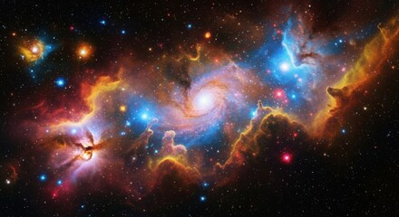 Fototapeta premium Vibrant cosmic nebula showcasing a spiral galaxy and interstellar gas clouds with glowing stars