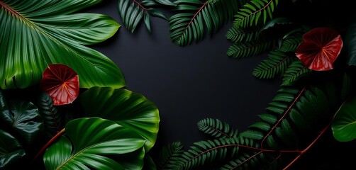 Dark moody flatlay of tropical leaves; palm fronds, monstera deliciosa, ferns,  exotic,  green