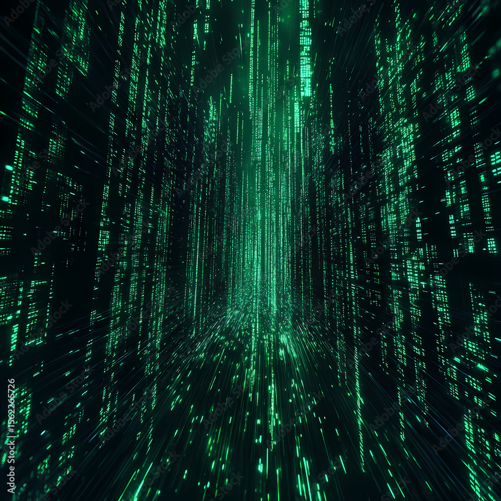Fototapete digital landscape filled with green binary code streams in motion generative ai