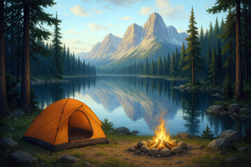 Orange tent by campfire near lake with mountain reflection mountains forest