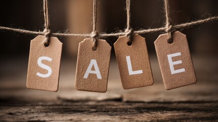 The sale tags hanging on a rustic wooden background for promotions.
