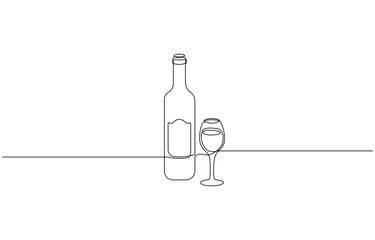 Wine bottle and wine glass drawing with one continuous line, Continuous line one drawing of wine bottle with wineglass, Drink Concept Continuous One Line Illustration.