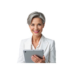 Confident Mature Woman Using Tablet, Smiling Portrait