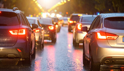 cars on the road traffic jam in evening during rain.