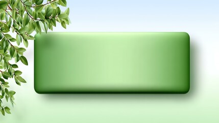 Green Rectangle in Nature's Embrace: A clean, vibrant green rectangular shape, set amidst a soft gradient background, accented by elegant green leaves in a modern aesthetic setting. 