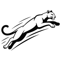  Dynamic black and white illustration of a powerful cougar leaping forward with speed lines indicating motion and agility