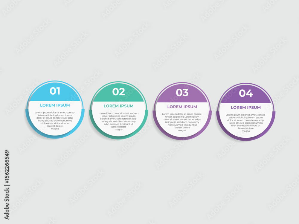 Poster chart infographic 4 point with round box and circle badge on center with horizontal direction for sl