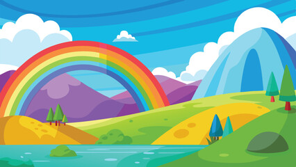 Cartoon Landscape with Rainbow, Blue Mountain, Green Hills, and Water in a Blue Sky