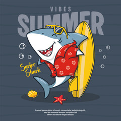 Summer Vibes With Surfer Shark And Surfboard, Cute Cartoon Illustration