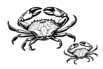 Raw Crab Vector Engraving Set. Detailed Monochrome Seafood Illustrations. Vintage Stipple & Hatching Style Icons & Symbols