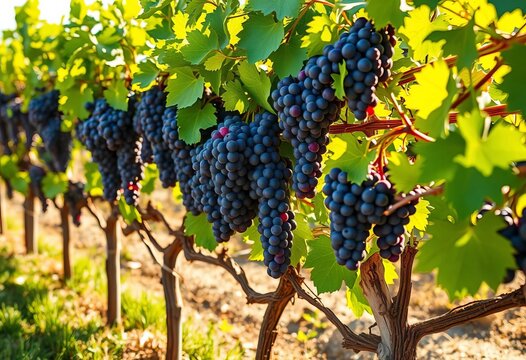 Rows of ripe Syrah grapes on Proven&ccedil;al vineyard vines, bathed in sunlight,  vineyard,   rows