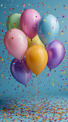 Colorful balloons floating with confetti party celebration