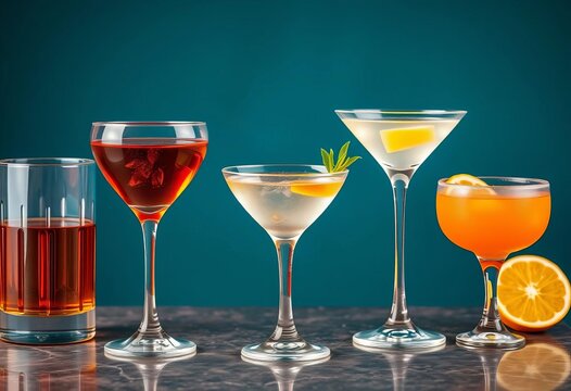 Set of flat-line cocktail glasses cheers; whiskey, vermouth, gin martini, aperol spritz, margarita,  glassware,  cheers