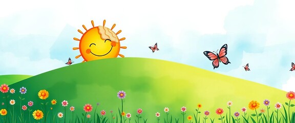 Smiling sun, green hill, butterflies, blue sky, whimsical watercolor, cheerful cartoon, painting, cute