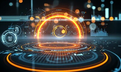 Futuristic data interface graphic, data analysis visualisation with neon lights, digital information display, for tech use - Powered by Adobe