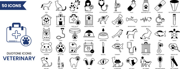 Veterinary icon set in duotone style. Contains such icons as pets, medical history, health care, vet, vaccines, test, dental care, diagnosis, x ray, veterinary clinic and more. Vector illustration