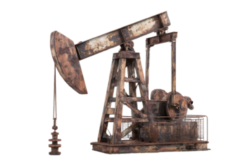 Rusty vintage oil pump jack on black background.