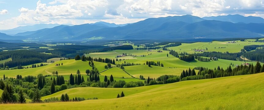 Stunning panoramic view of idyllic farm landscape with rolling hills, lush meadows, dense forests, and majestic mountains in the background, meadows, scenery