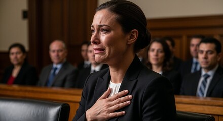 Woman crying while speaking in court during emotional testimony  