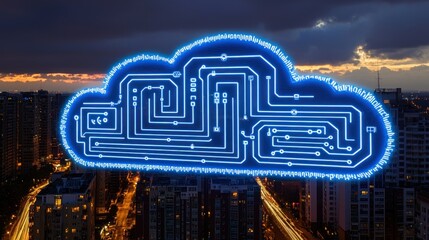 Cloud circuit floats over cityscape at dusk