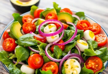 Vibrant Italian salad with cherry tomatoes, avocado, spinach, mozzarella, red onion & olive oil dressing,  ingredients,  top view
