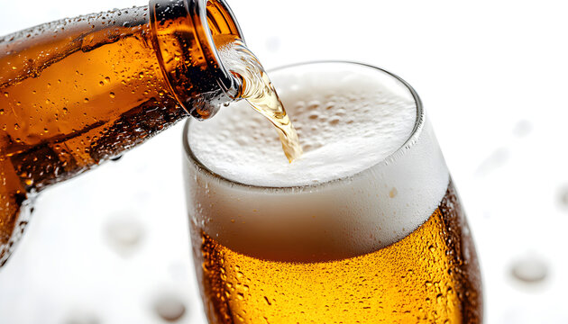 Beer pouring into glass on white background