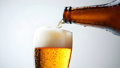 Beer pouring into glass on white background