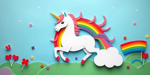 Whimsical rainbow unicorn paper art, vibrant colors, LGBTQ+ Pride celebration,  june,  whimsical