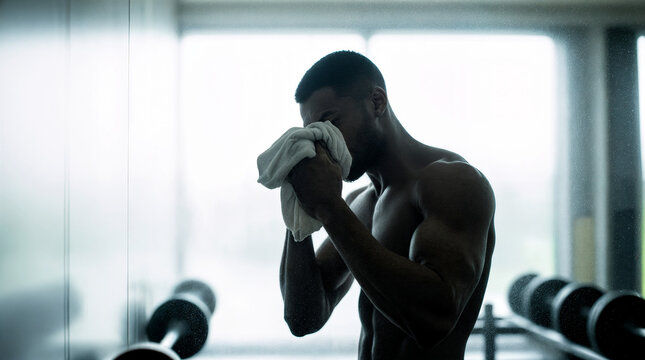 Athletic man wiping sweat off his face in gym after workout - Powered by Adobe