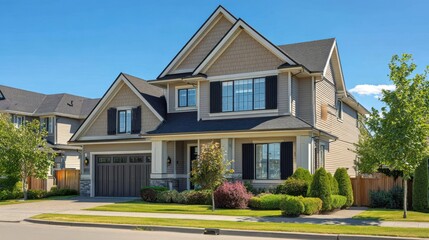 The elegant modern house with beautiful landscaping in a serene neighborhood.