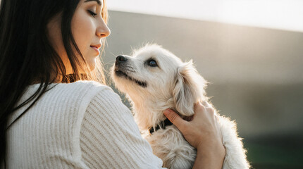 Woman holding small dog while gazing lovingly in sunlight  