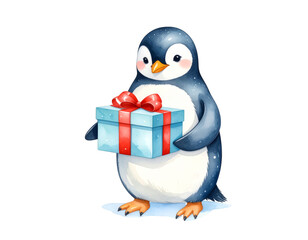 Fototapeta premium Adorable penguin presenting a festive gift with red bow, heartwarming holiday scene