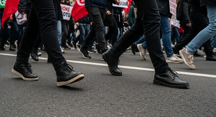 People marching on street during protest with red flags in background  